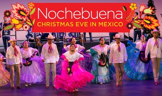 Nochebuena—Christmas Even in Mexico with Ballet Folklórico de Los Ángeles dancing on a stage with members of Mariachi Garibaldi de Jaime Cuéllar behind them.