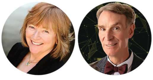 Circular headshots of CSULB President Jane Close Conoley and Bill Nye. Both are smiling at the camera.