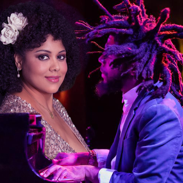 A composite of a woman with a flower in her hair and a man playing piano, both members of the band.