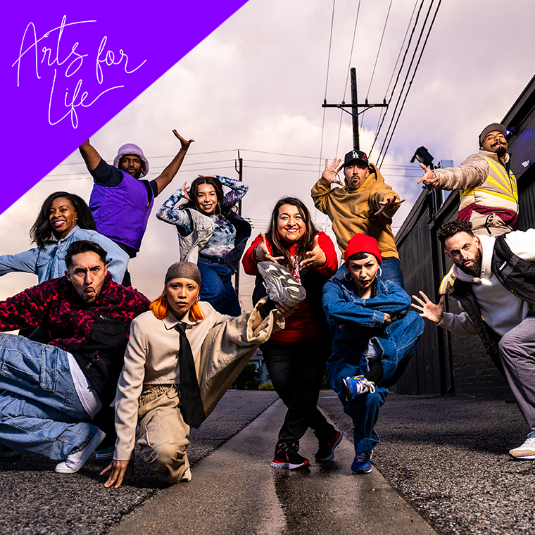 a dynamic group of dancers posing energetically in a street setting, with vibrant purple design elements and the "Arts for Life" logo.