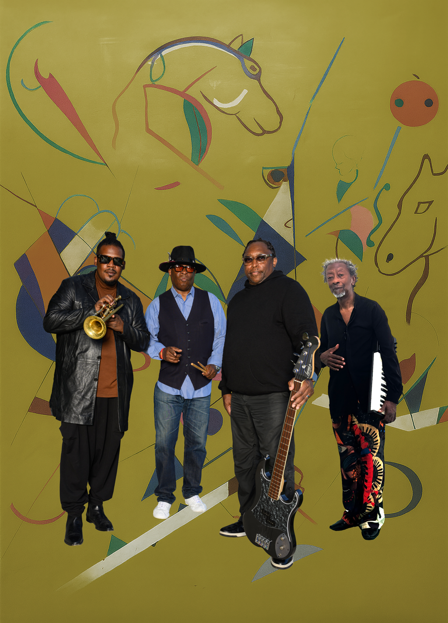 Miles Electric Band members in front of an artwork by Miles Davis. Vince Wilburn Jr. Miles Davis Properties L.L.C.