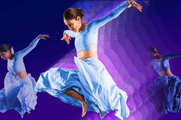 A stylized image of one of the dancers from SA dance, with her silhouette repeated and fading against a solid background.