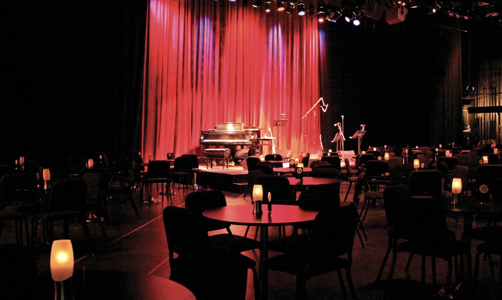 An image of the Carpenter Center Cabaret Stage showing instr