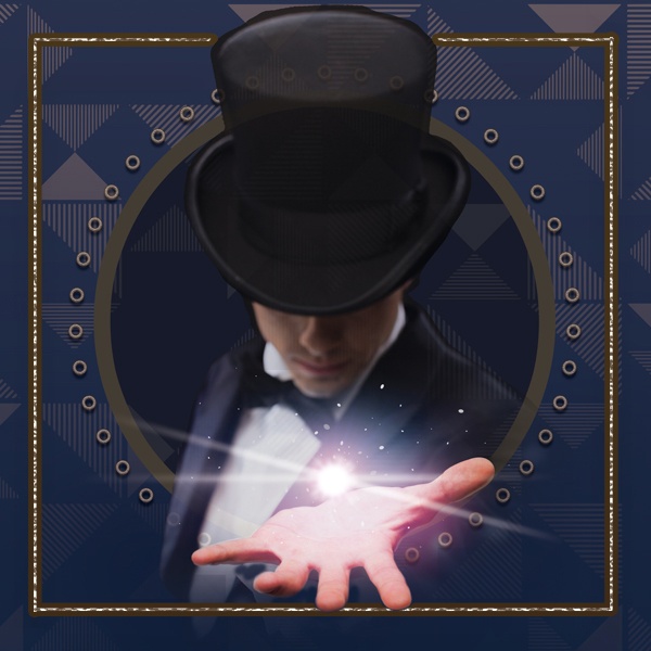 A magician in a top hat with one arm outstretched, a glowing