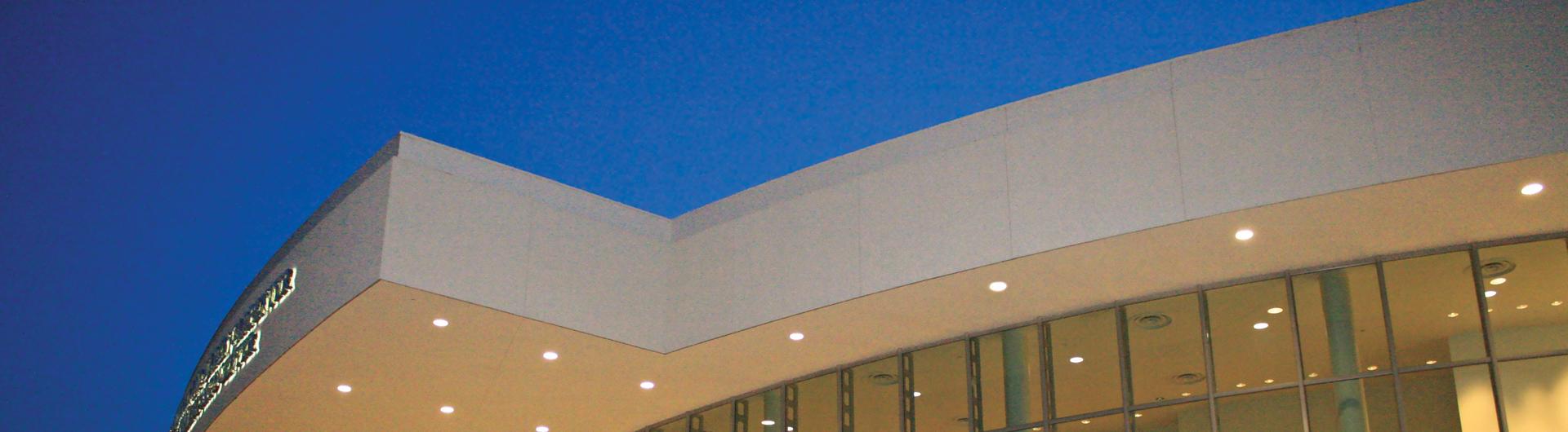 Exterior photograph of the Carpenter Center at night.