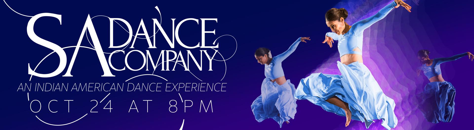 Image of dancers in white sailing through the air against a blue background