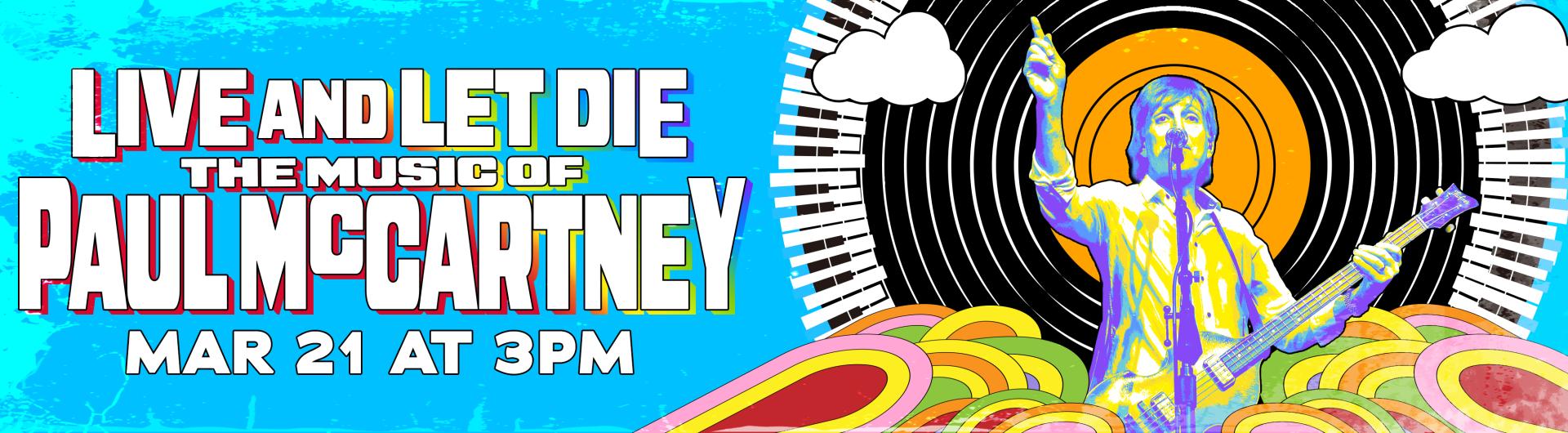 A 1960s-style illustration of Tony Kishman as Paul McCartney holding a guitar and pointing one hand in the air, surrounded by a circle of keyboards and an LP