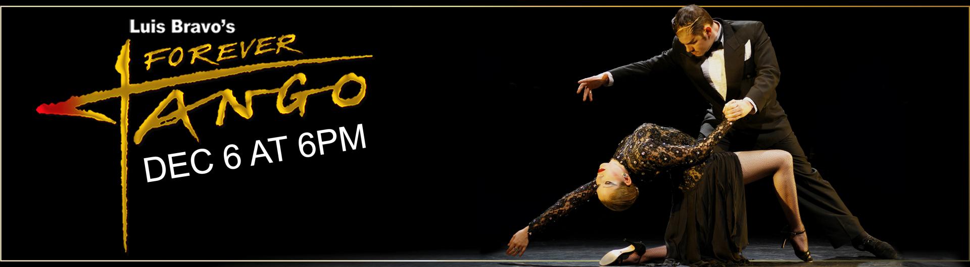 Two dancers from Forever Tango on a dark background.