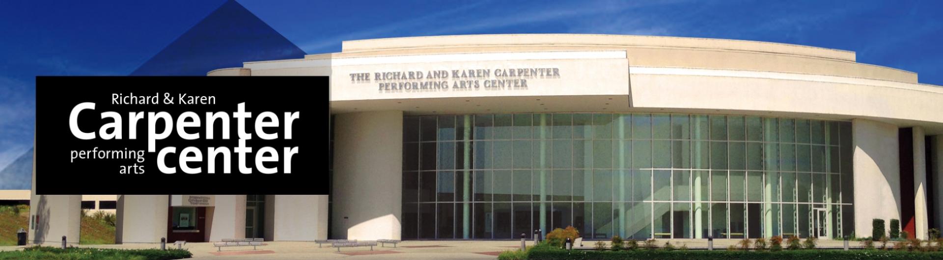 Carpenter Center logo on top of a view of the exterior of the Carpenter Center building