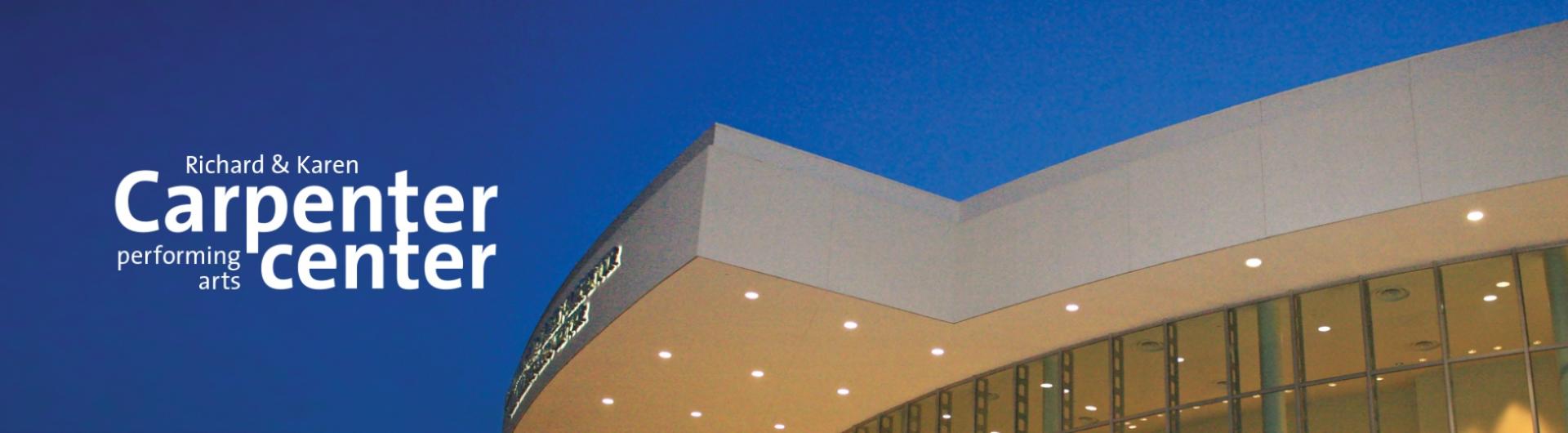 Exterior of the Carpenter Center's facade at night.