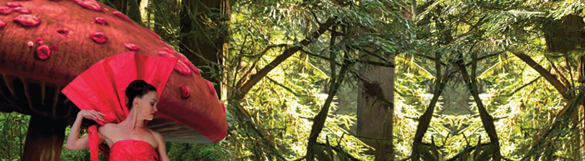 A member of MOMIX in a red dress standing in a forest.