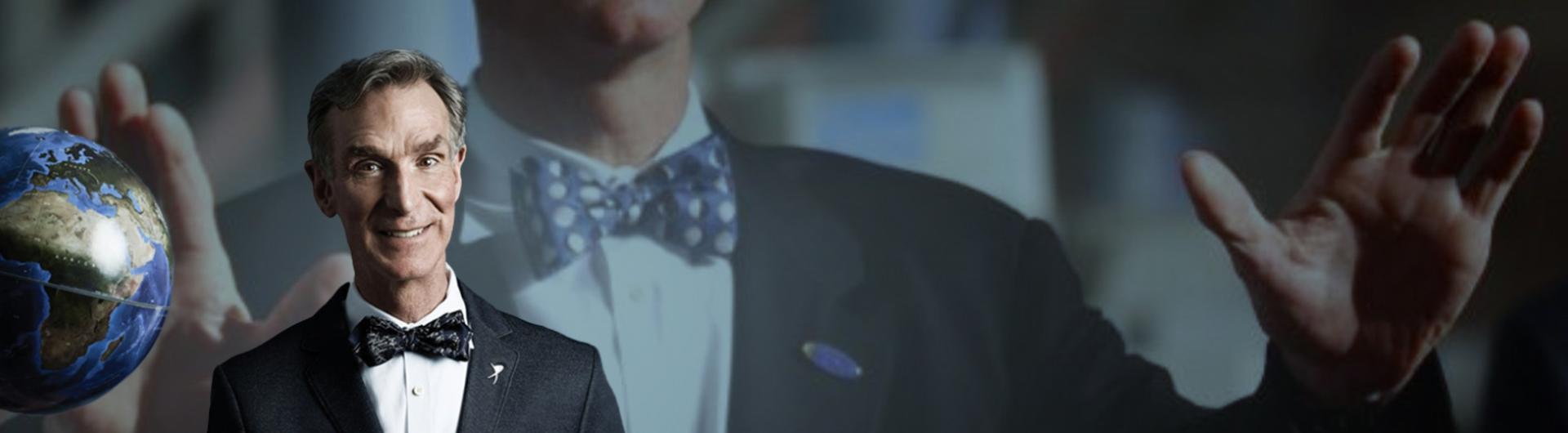 Bill Nye in a bow tie smiling in front of a background of himself, larger.