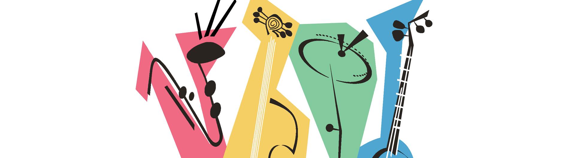 Illustration of different instruments in colorful patterns, 1950s style.