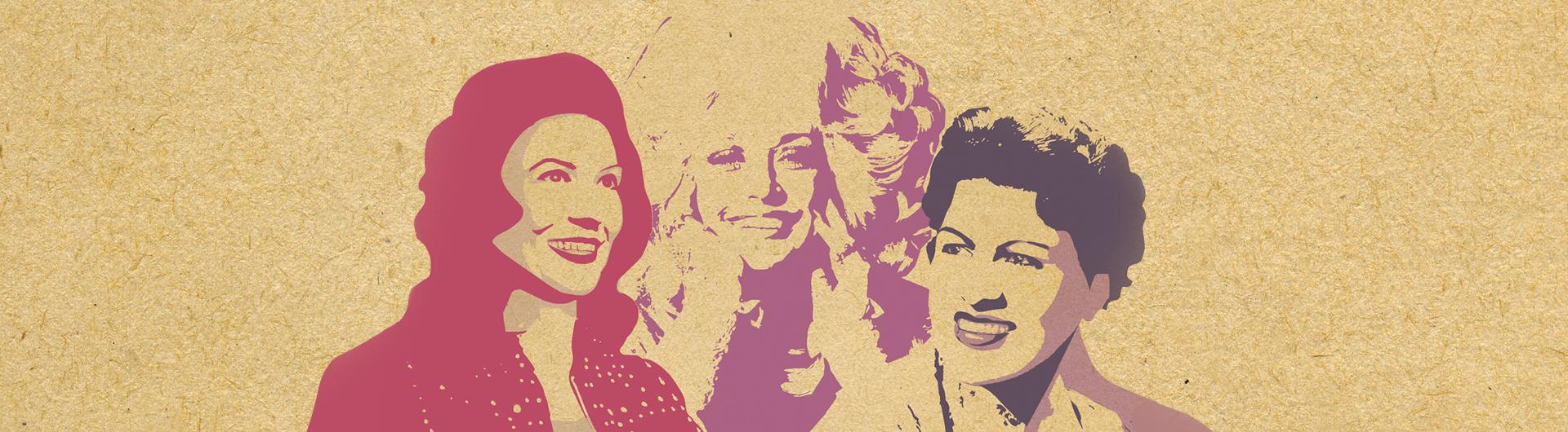 An illustration of Loretta Lynn, Dolly Parton, and Patsy Cline