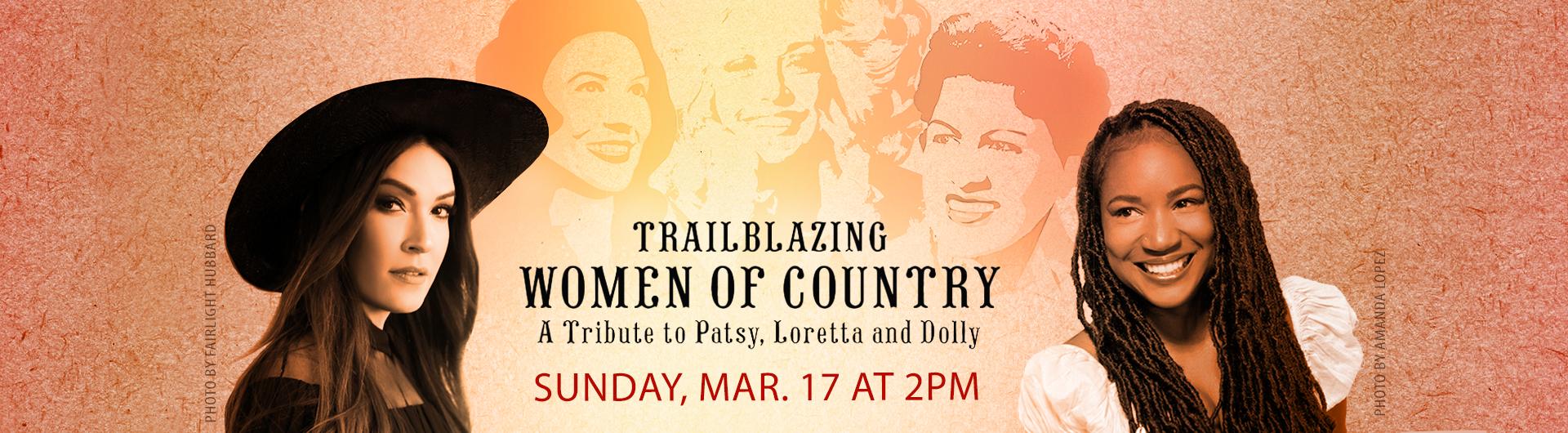 An illustration of Patsy Cline, Loretta Lynn and Dolly Parton as well as photographs of Mike Marks and Kristina Train and the headline TRAILBLAZING WOMEN OF COUNTRY