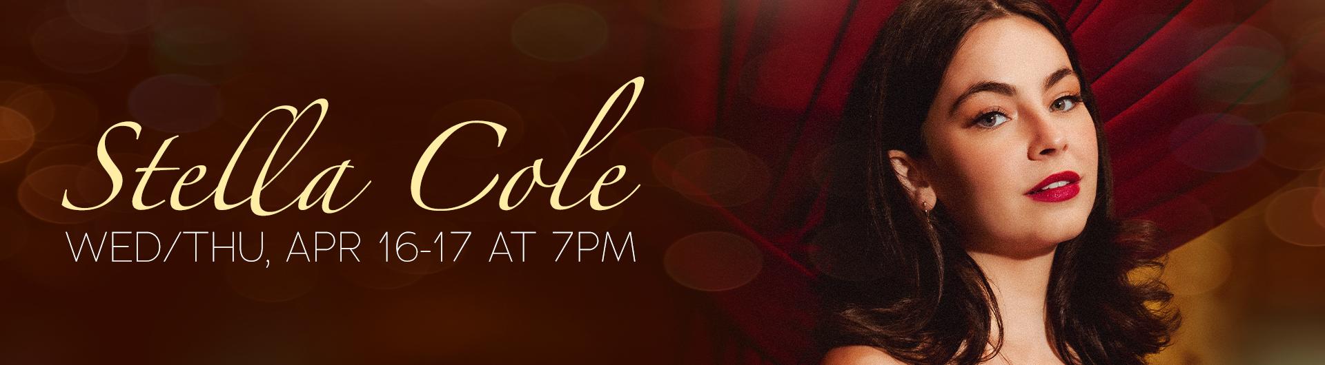 Stella Cole against a red curtain next to her name.