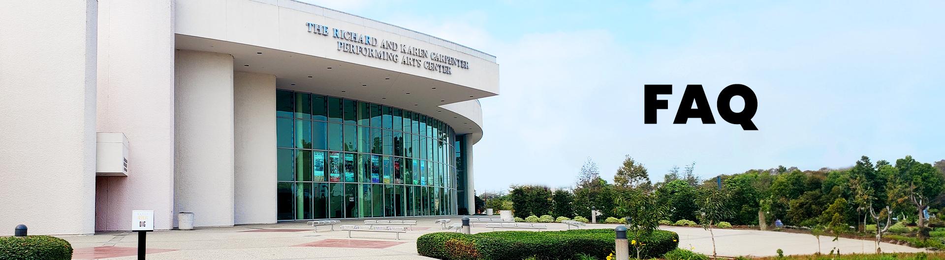 An exterior view of the Carpenter Center next to the page title FAQ