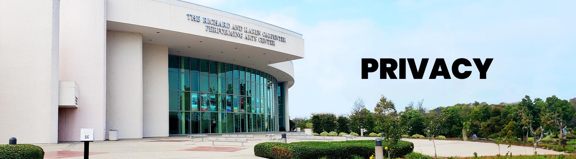 The exterior of the Carpenter Center with blue sky visible and the headline PRIVACY