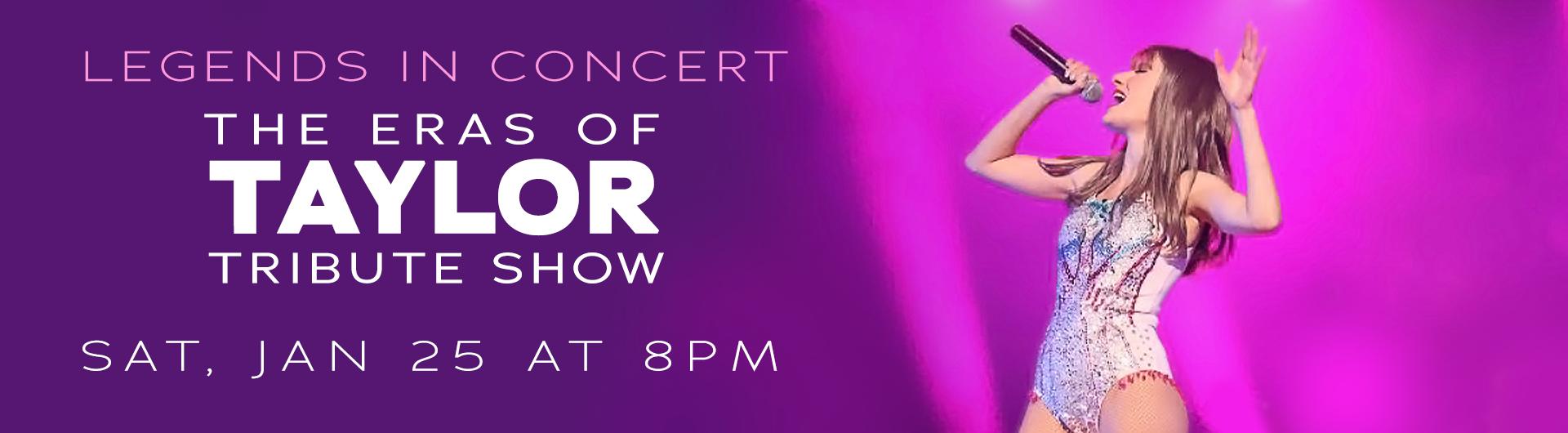 Christina Shaw on stage next to the headline The Eras of Taylor Tribute Show