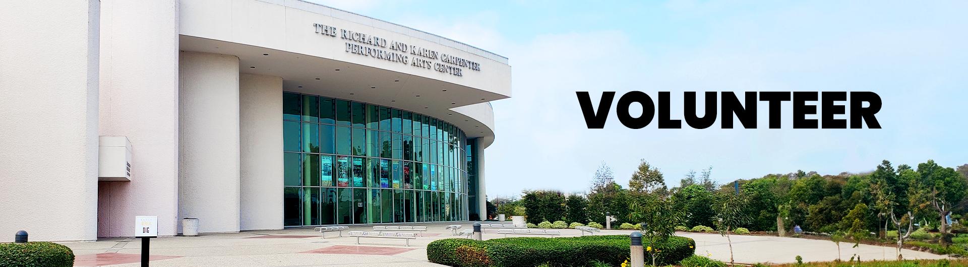 The exterior of the Carpenter Center next to the headline VOLUNTEER.