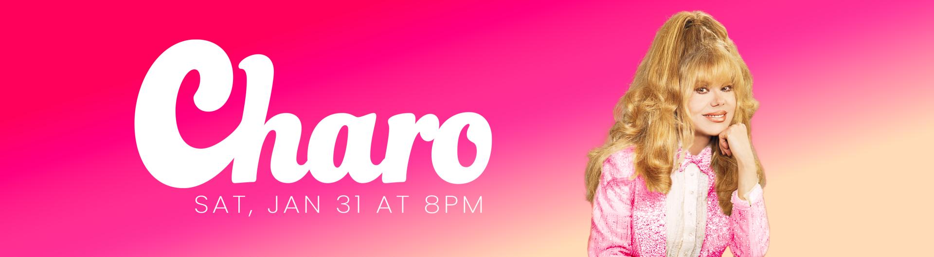 Charo smiling with her chin resting on her hand, against a pink background