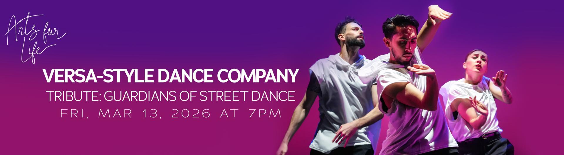 Members of Versa-Style Dance Company against a pink to purple gradient