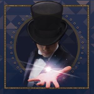 An illustration of an illusionist in a top hat holding out one hand from which a white point of light hovers.