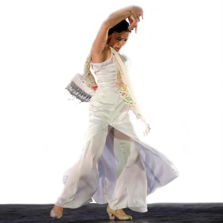 A dancer from Noche Flamenca with arms raised up overhead against a white background