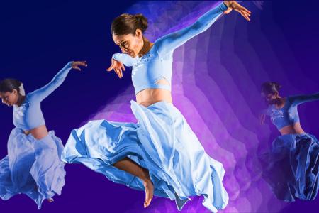 A stylized image of one of the dancers from SA dance, with her silhouette repeated and fading against a solid background.
