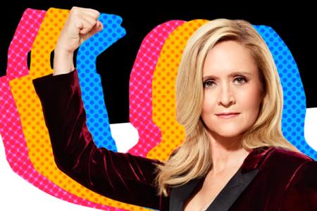 Samantha Bee with one fist held up against multi-colored silhouettes of her pose.