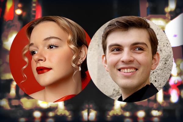 Kate Kortum and David Marino in a composite image against a blurred Broadway skyline at night.
