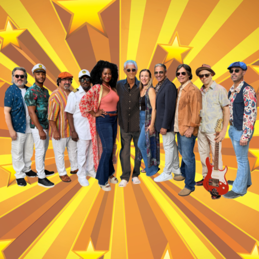 Yacht Rock Gold Experience band against a background of warm yellows stripes and stars