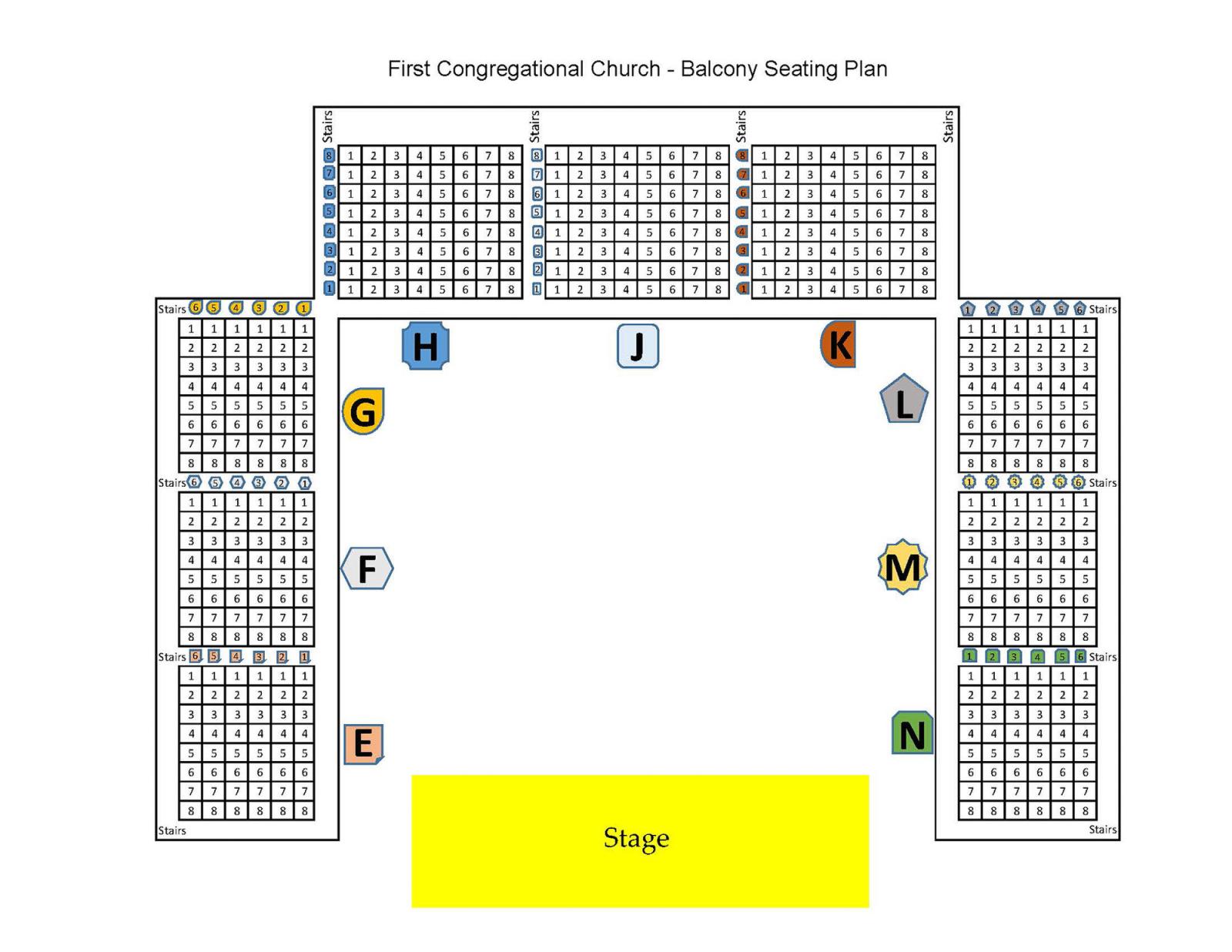 The seating for the First Congregational Church showing the balcony seating consisting of sections E-G and L-N on the sides, and H-K in the back. There is no accessible seating on the balcony.
