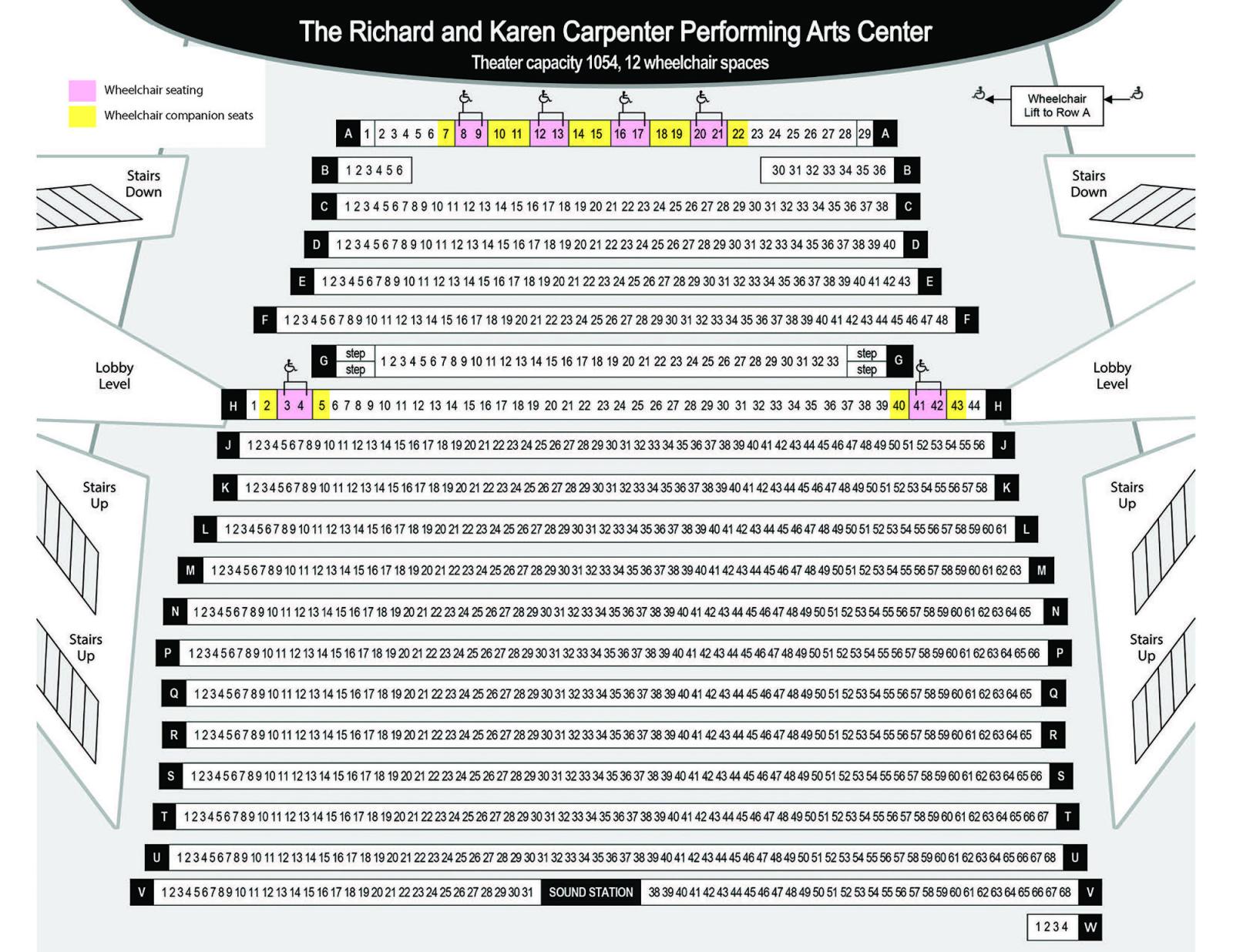 A seating map of the Carpenter Center showing rows A-W, including wheelchair seating in rows A via a wheelchair lift and H (lobby level).