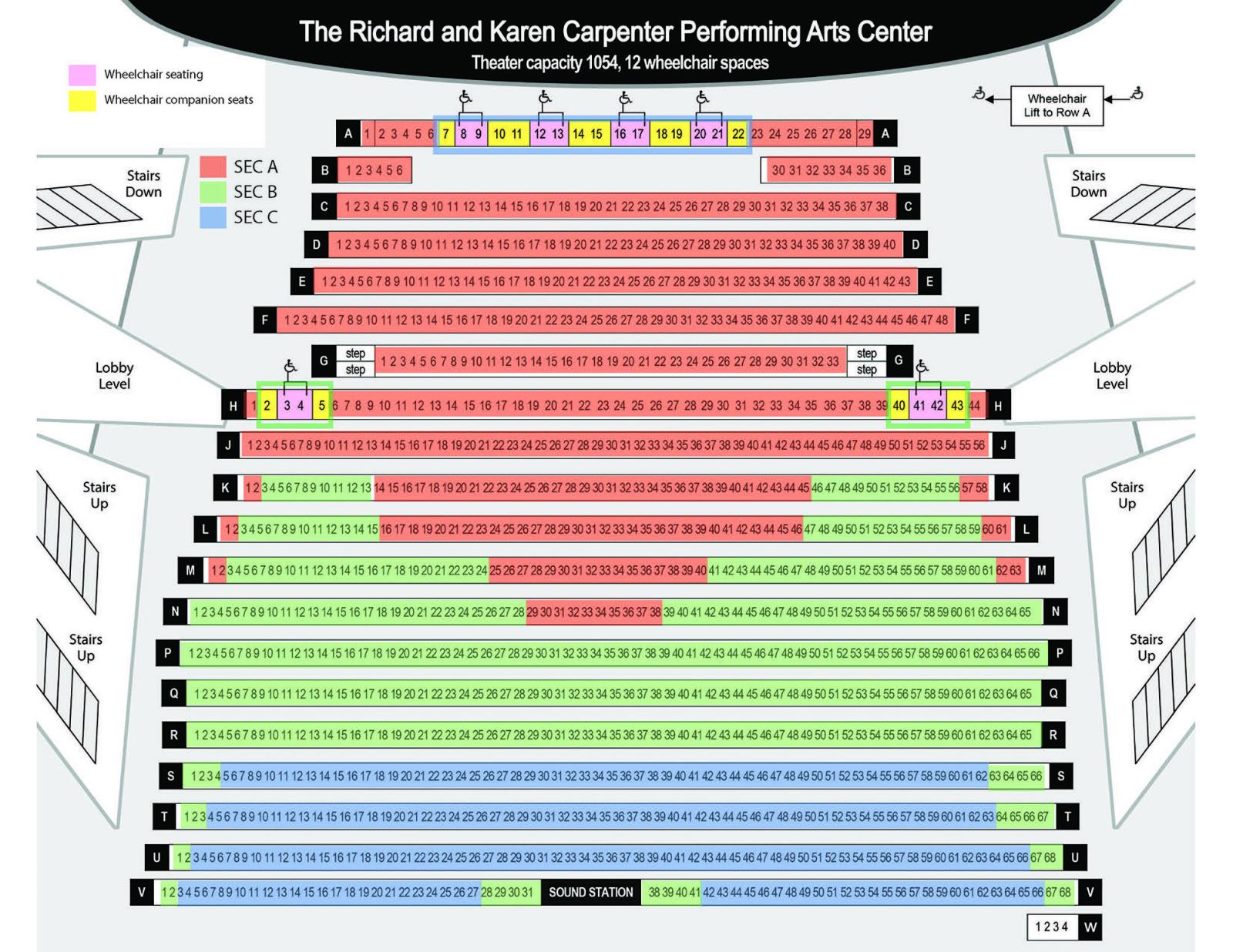 A seating map of the Carpenter Center showing rows A-W, including wheelchair seating in rows A via a wheelchair lift and H (lobby level), as well as regular seating in three sections: A (roughly A-N), B (roughly K-V), and Section C (roughly S-V). The seating areas overlap each others' rows.