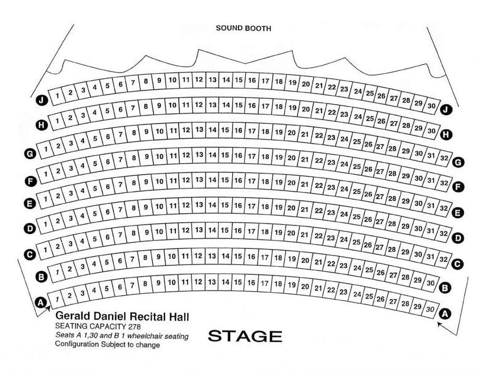 This seating chart for the Gerald Daniel Recital Hall in the Bob Cole Conservatory of Music shows rows A-J, seats 1-30/32 seats.