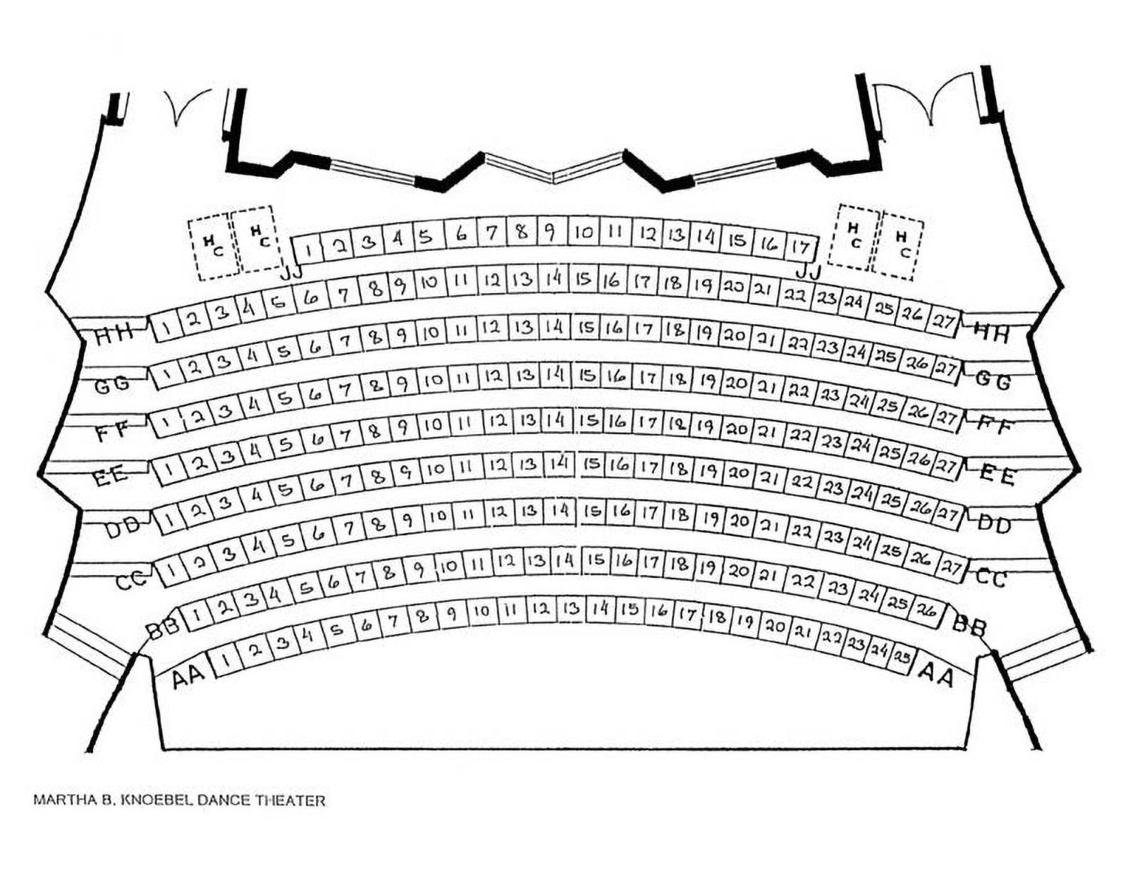 A seating map of the Martha B. Knoebel Dance Theater at CSULB, showing rows AA-JJ, wich each row being roughly 27 seats across. Four spaces in row JJ are reserved for wheelchair access.