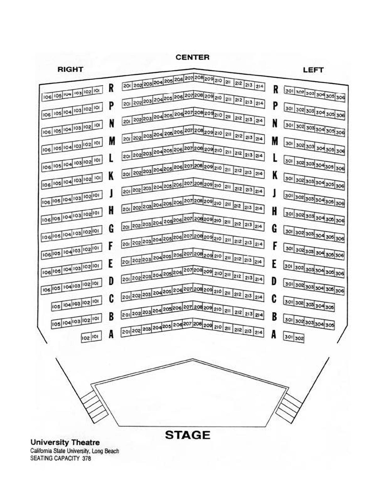 A seating chart of the University Theatre at CSULB showing rows A-R in three sections: Right, Center, and Left